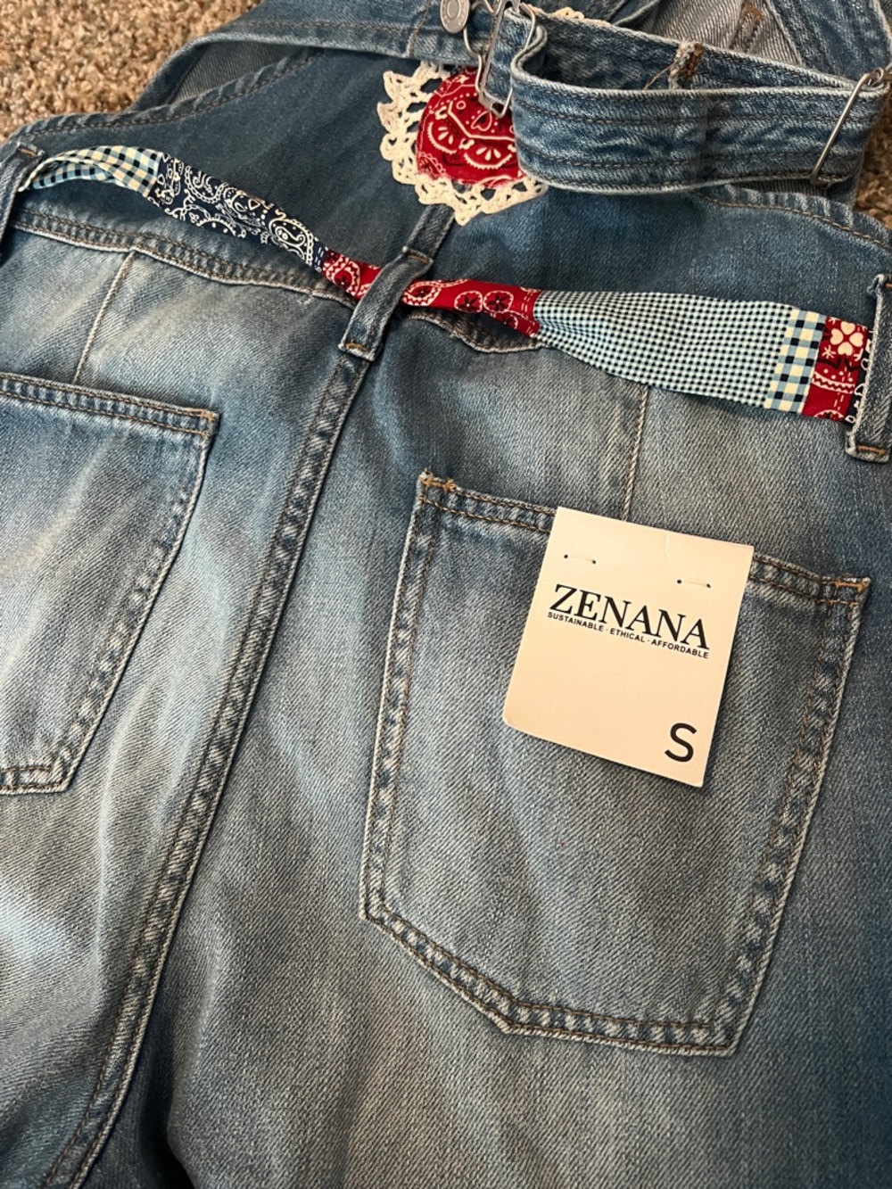 Zenana Outfitters Light Blue Denim Short Overalls with Patchwork Bandana Belt - Picture 2 of 3